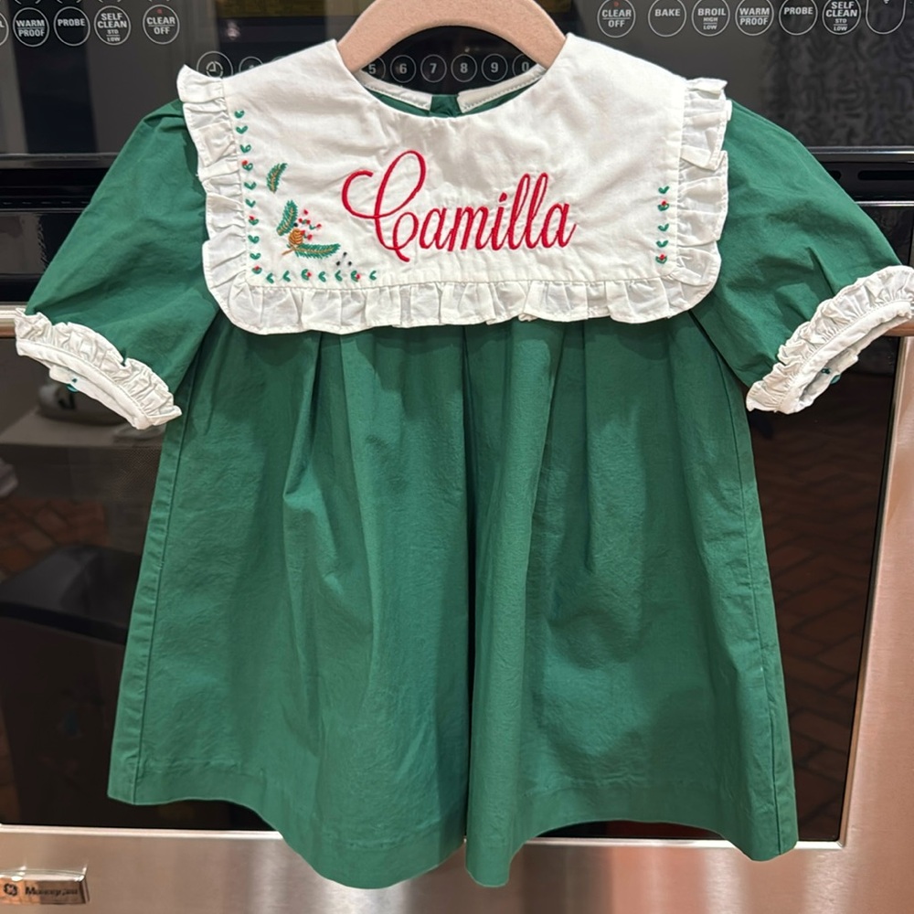Sophie & Lucas - Green Embroidered Dress w/ Ruffle & Custom Monogram- Size: 12M